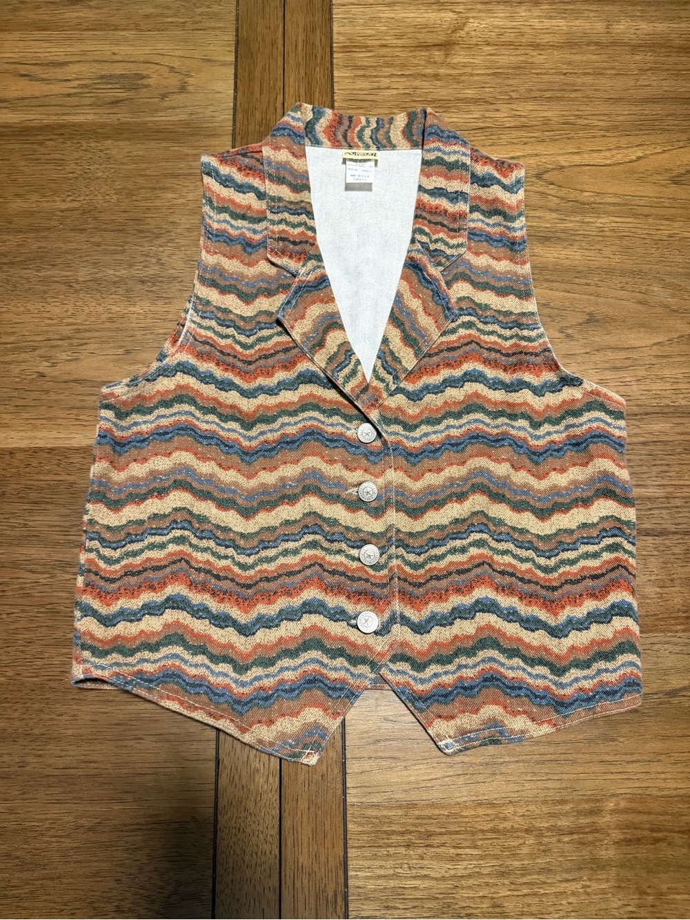 Wave-Pattern Button Front Knit Vest in Orange, Blue & Cream
